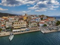 Aerial panoramic photo of picturesque seaside town of Ermioni built in peninsula with forest of Bistis at the end, Argolida, Royalty Free Stock Photo
