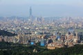 Aerial panoramic scene of overpopulated Taipei City in a hazy morning with a view of Taipei 101 tower in XinYi District Royalty Free Stock Photo