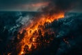 Aerial panoramic shot of burning trees in flames in forest covering fire, smog. Royalty Free Stock Photo