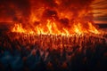 Aerial panoramic shot of burning trees in flames in forest covering fire, smog. Royalty Free Stock Photo