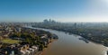 Aerial panoramic skyline view of Canary Wharf, the worlds leading financial district in London, UK. Royalty Free Stock Photo