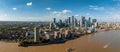 Aerial panoramic skyline view of Canary Wharf, the worlds leading financial district in London, UK. Royalty Free Stock Photo