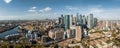 Aerial panoramic skyline view of Canary Wharf, the worlds leading financial district in London, UK. Royalty Free Stock Photo