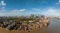 Aerial panoramic skyline view of Canary Wharf, the worlds leading financial district in London, UK. Royalty Free Stock Photo