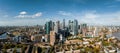 Aerial panoramic skyline view of Canary Wharf, the worlds leading financial district in London, UK. Royalty Free Stock Photo