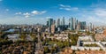 Aerial panoramic skyline view of Canary Wharf, the worlds leading financial district in London, UK. Royalty Free Stock Photo