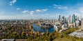 Aerial panoramic skyline view of Canary Wharf, the worlds leading financial district in London, UK. Royalty Free Stock Photo