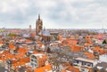 Aerial panoramic street view with houses in Delft, Holland