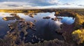 Aerial panoramic sunset sunrise scene at swamps and wetlands, Lake bog landscape