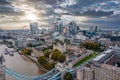 Aerial panoramic sunset view of London Castle by the River Thames, England Royalty Free Stock Photo