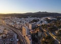 Aerial panoramic view of Arenys de Mar city at dawn. Located in El Maresme, Barcelona, Spain Royalty Free Stock Photo