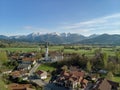 Aerial view of Bavarian village in beautiful landscape close to the alps