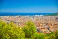 Aerial panoramic view of Barcelona city historical quarters districts with Mediterranean Sea Royalty Free Stock Photo