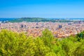 Aerial panoramic view of Barcelona city historical quarters districts with Montju c hill, Mediterranean Sea Royalty Free Stock Photo