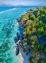 Aerial panoramic view of Beach Anse Source d`Argent, La Digue, Seychellen Royalty Free Stock Photo