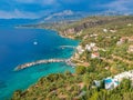 Aerial panoramic view of the beautiful coastal village Kitries  located near Kardamili about half an hour from Kalamata city Royalty Free Stock Photo