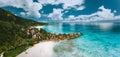 Aerial panoramic view of beautiful Grand Anse beach on La Digue island in Seychelles Royalty Free Stock Photo