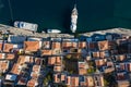 Aerial panoramic view on beautiful Greek houses on island hills, yacht sea port, tourist ferry boat at Aegean Sea bay. Greece Royalty Free Stock Photo