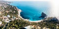 Aerial panoramic view of beautiful seascape with bay, waves, coast with beach, rocks in sea and mountain area in Simeiz, Crimea Royalty Free Stock Photo