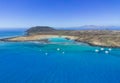 Aerial panoramic view of the beautiful secluded natural bay of the island of Lobos near Corralejo in Fuerteventura Spain Royalty Free Stock Photo