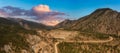 Aerial Panoramic View of a beautiful Valley surrounded by Canadian Mountain Landscape Royalty Free Stock Photo