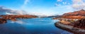 Aerial panoramic view of blue water with mountains on the shore in Kyle of Lochalsh, Scotland, UK Royalty Free Stock Photo