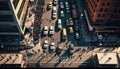 Aerial View Of A Bustling City Street With Lots Of People And Cars :Bird\'s Eye (Generative AI)