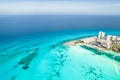 Aerial panoramic view of Cancun beach and city hotel zone in Mexico. Caribbean coast landscape of Mexican resort with Royalty Free Stock Photo