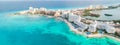 Aerial panoramic view of Cancun beach and city hotel zone in Mexico. Caribbean coast landscape of Mexican resort with Royalty Free Stock Photo