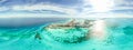 Aerial 360 panoramic view of Cancun beach and city hotel zone in Mexico. Caribbean coast landscape of Mexican resort Royalty Free Stock Photo