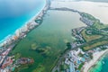 Aerial panoramic view of Cancun beach and city hotel zone in Mexico. Caribbean coast landscape of Mexican resort with Royalty Free Stock Photo