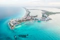 Aerial panoramic view of Cancun beach and city hotel zone in Mexico. Caribbean coast landscape of Mexican resort with Royalty Free Stock Photo