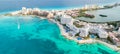 Aerial panoramic view of Cancun beach and city hotel zone in Mexico. Caribbean coast landscape of Mexican resort with Royalty Free Stock Photo