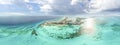 Aerial 360 panoramic view of Cancun beach and city hotel zone in Mexico. Caribbean coast landscape of Mexican resort Royalty Free Stock Photo