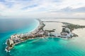 Aerial panoramic view of Cancun beach and city hotel zone in Mexico. Caribbean coast landscape of Mexican resort with Royalty Free Stock Photo