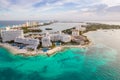 Aerial panoramic view of Cancun beach and city hotel zone in Mexico. Caribbean coast landscape of Mexican resort with Royalty Free Stock Photo