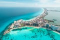 Aerial panoramic view of Cancun beach and city hotel zone in Mexico. Caribbean coast landscape of Mexican resort with Royalty Free Stock Photo