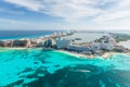 Aerial panoramic view of Cancun beach and city hotel zone in Mexico. Caribbean coast landscape of Mexican resort with