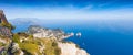 Aerial panoramic view of Capri Island and famous Faraglioni Rocks, Italy