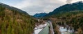 Aerial Panoramic View of Chilliwack River and scenic road with snow during winter season