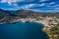 Aerial panoramic view of city Cadaques, sea and mountains, Beautiful Spanish small city by the sea Royalty Free Stock Photo