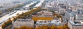 Aerial panoramic view of City skyline, football field and Seine river in Paris, autumn season Royalty Free Stock Photo
