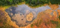 Aerial panoramic view of colorful pond in the marshlands during a summer day.