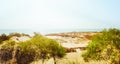 Aerial panoramic view Curonian Spit landscape in summer with baltic sea coast and Parnidis dune. Nida, Neringa, Lithuania. White Royalty Free Stock Photo