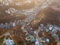 A bird`s eye view, aerial view shooting from drone of the Podol district, oldest historical center of Kiev, Ukraine.