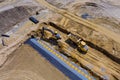 Aerial panoramic view at earthworks construction site for sewerge construction trench for laying external sewage