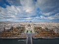 Aerial panoramic view from the Eiffel tower height to the Paris cityscape, France. Seine river, Trocadero area and La Defense Royalty Free Stock Photo