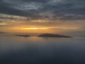 Aerial panoramic view of Elafonisos island over the Laconian gulf at sunset in Peloponnese, Greece, Europe