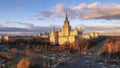 Aerial panoramic view of famous Russian university campus in Moscow under dramatic sky in autumn Royalty Free Stock Photo