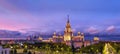 Aerial panoramic view of famous Russian university campus in Moscow under dramatic sunset sky Royalty Free Stock Photo